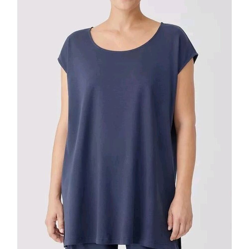 EILEEN FISHER Women Interlock Scoop Neck Sleep Tee Silk Navy Small A001922 - Picture 1 of 7